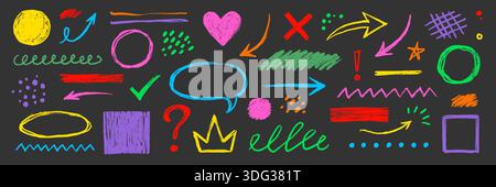Handgezeichnete Kreidepfeile, Kreidekreise, Punktfarbsatz. Strukturierte Kreidestriche mit kindlichen Kritzeleien, Punkten, Kritzeleien, Bleistiftunterstrichen in Pastellfarben, Stern- und Pfeilelementen. Vektorabbildung Stock Vektor