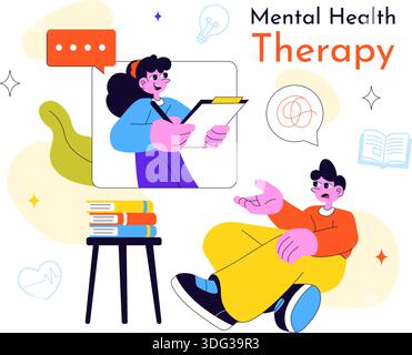 Mental Health Therapy Session Vektor Illustration, die unterstützende Beratung, emotionale Heilung und professionelle psychologische Versorgung in einem Hintergrund zeigt Stock Vektor