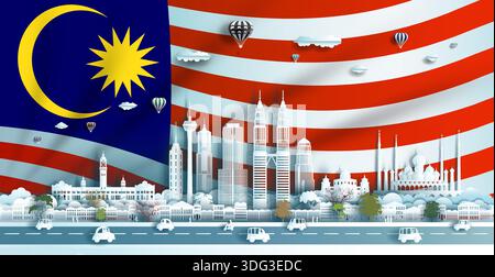 Illustration Jubiläumsfeier Malaysia Tag im Hintergrund der Nationalflagge mit Reise Wahrzeichen Architektur von Malaysia in kuala lumpur mit Orig Stock Vektor