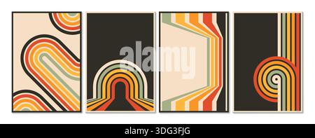 Vintage Retro Streifen Linien Poster, 70er Jahre 80er Jahre Regenbogen funky Straße Hintergrund. Geometrisches Vektormuster abstrakter Straßen mit Farblinien und Kreisen. Vintage-Poster und Retro-Banner Set Stock Vektor