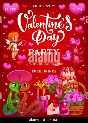 Flyer für Valentinstag-Party oder Urlaubsposter. Vektor-Poster für die Valentinstag-Feier, romantische Partykarte. Liebe Weihnachtsbanner mit Zeichentrickschlangen, Cupid-Charakter, Geschenken, Kuchen, Dessert und Blumen Stock Vektor