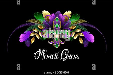 Symmetrische Komposition für Mardi Gras Karnevalsdekoration aus flauschigen und hellen Federn, Blättern und Schmuck Fleur de Lis auf schwarzem Hintergrund. Stock Vektor