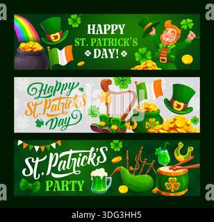 Happy St. Patrick's Day Holiday Banner. Vektor-Flyer für festliche Feiertage in Irland. Saint Patrick Irish Party-Banner mit fröhlichem Leprechaun-grünem Hut und Schuh, Topf mit Gold und Musikinstrumenten Stock Vektor