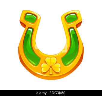 St. Patricks Day, irisches goldenes Hufeisen. St. Patrick Tag Feiertag goldene Schmuck, Irland Party Cartoon Vektor Artikel. Isoliertes Glückshufeisen aus Gold, verkrustet mit grünem smaragdgrünem Edelstein Stock Vektor