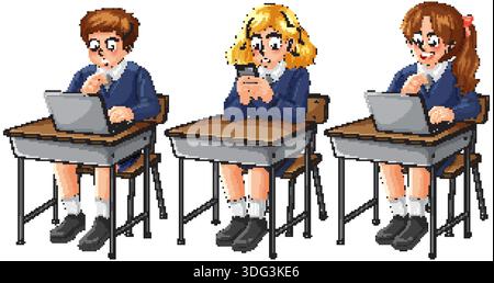 Drei Schulkinder in Uniform mit Laptops und Smartphone an Holzschreibtischen, saubere Vektorillustration Stock Vektor