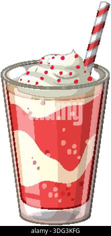 Eine flache Vektor-Illustration eines mehrschichtigen Erdbeermilkshake mit Schlagsahne und Streuseln Stock Vektor