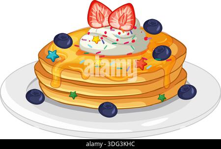 Vektor-Illustration von flauschigen Pfannkuchen mit Honig, Sahne, Erdbeeren, Heidelbeeren und bunten Streuseln Stock Vektor