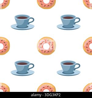 Donut mit rosafarbener Glasur und Tasse mit nahtlosem Muster. Blauer Cartoon Tasse Kaffee, Tee, heiße Schokolade, Kakao. Vektorpapier-Design. Stock Vektor