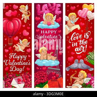 Happy Valentine Day Vektor Gruß Banner. Cartoon romantische Liebesfeiertage Geschenkboxen, Herzballons und Blumen, Cupid Engel und Cherub Figuren, Valentinstag Liebeskarten oder Gruß Banner Set Stock Vektor