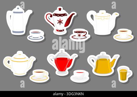 Illustration zum Thema großes farbiges Set verschiedene Arten Porzellan Teekannen für leckeren Tee, Teekannen bestehend aus Sammlung Zubehör auf Küche zu Tee, f Stock Vektor