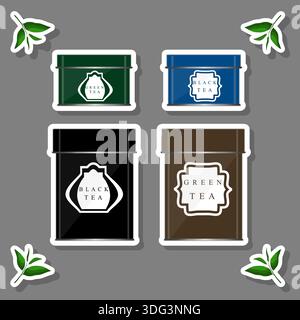 Illustration zum Thema großes farbiges Set verschiedene Arten Eisendosen für leckeren Tee, Eisendosen bestehend aus Sammlungszubehör auf Küche zu Tee, frische s Stock Vektor