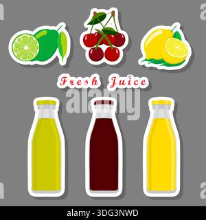 Illustration zum Thema Set mehrfarbige Flaschen mit leckerem Limettensaft, Kit-Flaschen bestehend aus flüssigem natürlichem Limettensaft, Limettensaft in neuem lebendigen Stock Vektor