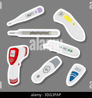Illustration zum Themenset verschiedene Arten von Thermometern zur Prävention von Coronavirus, Thermometer bestehend aus med. Zubehör mit Prophylaxe Coronavi Stock Vektor