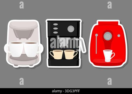 Illustration zum Thema großes farbiges Set verschiedene Arten von Kaffeemaschinen, verschiedene Größen, Kaffeemaschine Muster bestehend aus Sammlungszubehör Stock Vektor
