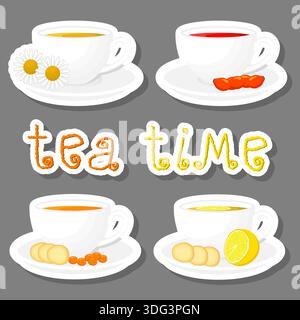 Illustration zum Thema große farbige Set Porzellanbecher für leckeren Tee, Porzellanbecher bestehend aus Sammlung Zubehör auf Küche zu Tee, frisch herzhaft Stock Vektor