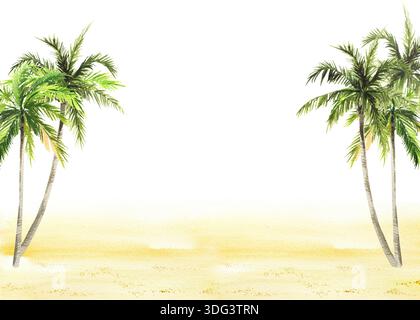 Aquarellpalmen auf Strandsand, Illustration der exotischen Pflanze, grüne Blätter, handgezeichnete Skizze der Malediven, Kuba, Bali Urlaub, tropische Insel, Stockfoto