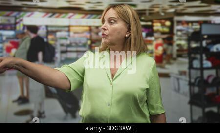Die hispanische Frau im mittleren Alter zeigt den Finger nach vorne im Gang des Flughafengeschäfts und trägt ein grünes Hemd, um einen Käufer zu konfrontieren. Stockfoto