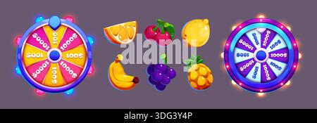 Glücksrad Casino-Spielelemente mit farbenfrohen Slotfrucht-Ikonen - Orangenscheibe und Kirsche, Zitrone und Banane, Traube und Ananas. Spinning Fortune Roulette mit Gewinnabschnitten und glühenden Glühbirnen. Stock Vektor