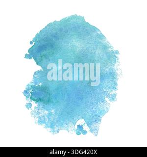 Isolierter, türkisblauer Aquarellfleck mit Spritzern für den Hintergrund. Abstrakte strukturierte Färbung. Konstruktionselement. Handgezeichnetes Aquarellillustrat Stockfoto