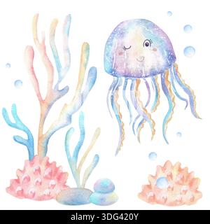 Farbenfrohe Quallen-Charakter in Unterwasserszene mit blau beige rosa Korallen, Algen und Blasen. Sea LIFE Clipart. Handgezeichnetes Aquarell illustr Stockfoto