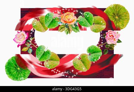 Abstraktes Design Aquarellmalerei Illustration rot, rosa, schwarz, grüne Farbe des Blattes und der Rosen, Strich bunt hell, auf weißem Hintergrund. Handbemalt Stockfoto