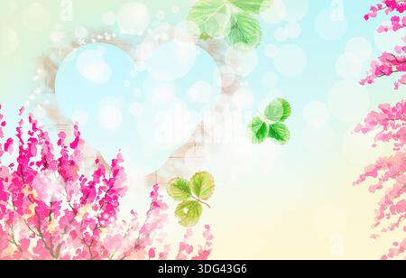 Abstraktes Design, Aquarellgrußkarten, blaues Herz an der Wand und rosa Blumenkunst hell, schönes Erdbeerblatt, auf weichem Blau, Orange Stockfoto