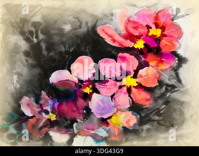 Blume abstrakte Kunst Aquarell rosa, gelbe Farbe und Emotionsschönheit in der Natur Wintersaison oder dunkler Hintergrund. Handgefertigte Illustrationsmalerei Stockfoto