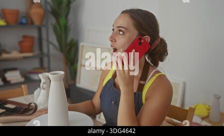 Frau, die ein rotes Smartphone neben einer weißen Keramikvase auf dem Tisch im Studio hält, trägt eine Denimschürze und ein gelbes Tanktop; kreative Freude. Stockfoto