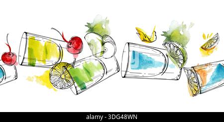 Limonade mit Limonade, alkoholische Getränke, Spirituosen mit Obst und Zitrusgarnitur. Heller, sich wiederholender Rand von bunten Brillen, die von Hand eingezeichnet wurden Stockfoto