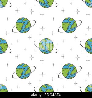 Futuristische Erde. Muster mit kosmischen Sternenuniversen. Handgezeichnete Skizze im Doodle-Stil, niedlicher Hintergrund mit Planeten und Sternen. Vektorabbildung Stock Vektor