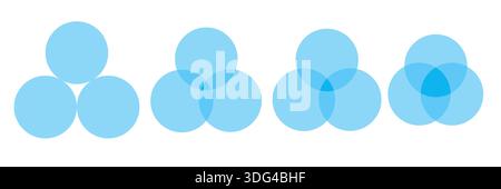 Blaue kreisförmige venn-Diagrammlinie mit mehreren überlappenden kleinen runden Abschnitten. Vektor-Infografik für Datenverteilung. Schneiden Sie das Geschäft mit Diagrammmodellen Stock Vektor