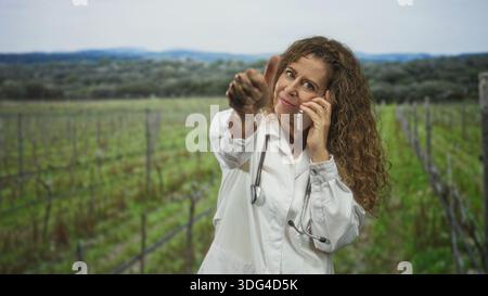 Die Ärztin zeigt den Finger auf die Kamera, während sie das Telefon hält und im Weinberg ein Stethoskop trägt; beruhigende Sicherheit. Stockfoto