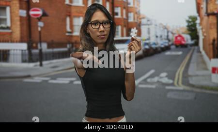 Thailändische Frau mit Brille hält ein weißes Puzzleteil in der rechten Hand und streckt die linke Hand in Richtung Kamera auf einer Straße; Verbindung neugierig. Stockfoto