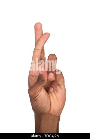 Gekreuztes Zeichen, Glücksgeste Symbol für Glück und Hoffnung, Hand in Kommunikationspose erhoben. Schwarzer Mann mit Vorderansicht Arm- und Handgelenkform. Iso Stockfoto