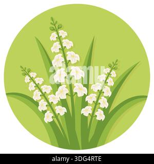 Lilie des Tales Blumen im grünen Kreis Rahmen Frühling botanische runde Icon flach Vektor. Stock Vektor