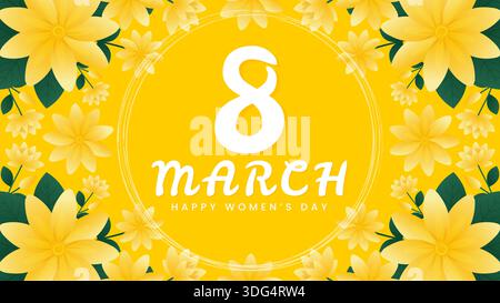 Poster zum internationalen Frauentag mit Schriftzug vom 8. März und gelbem Blumenrahmen auf gelbem Hintergrund. Stock Vektor