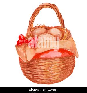 Osterkorb mit verzierten Eiern mit Schleife, Band isoliert auf weiß. Niedliche handgezeichnete Aquarellillustration für Grußkarten, Textilien, Pri Stockfoto