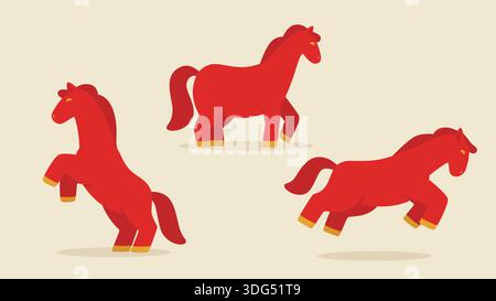 Set aus stilisierter roter Pferdeillustration im verspielten Zeichentrickstil und Formen, ideal für chinesische Motive. Stock Vektor