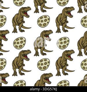 Nahtloses Vektormuster eines brüllenden Tyrannosaurus Rex Dinosauriers und gepunktete Eier, perfekt für Kinder Dekor. Stock Vektor