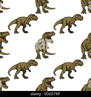 Nahtloses Vektormuster von braunen Tyrannosaurus Rex Dinosauriern mit offenen Mündern und scharfen Zähnen auf weißem Hintergrund. Stock Vektor