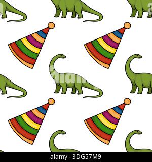 Nahtloses Vektormuster von niedlichen grünen Dinosauriern und bunten Geburtstagsfeiermützen Stock Vektor