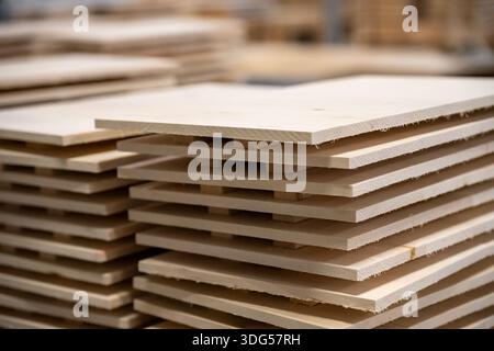 Holzdielen, die in einer Werkstatt ordentlich gestapelt sind und die für den Bau verwendeten Materialien präsentieren Stockfoto