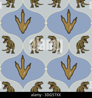 Nahtloses Vektormuster von brüllenden T-Rex-Dinosauriern und ihren Fußabdrücken auf pastellfarbenem Hintergrund Stock Vektor