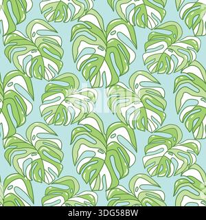 Tropische Blatttapete, Monstera Naturmuster Design, Dschungelgrüne Blätter, handgezeichnet für Stoff, Camouflage hellen Laubdruck Stock Vektor
