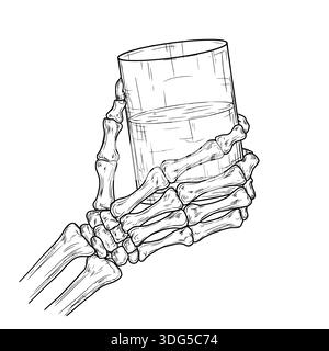 Skeletts Hand hält ein Glas Getränk, schwarz-weiß-Skizze. Vektorabbildung. Die knöchernen Finger des Toten sind isoliert auf weißem Hintergrund. Sui Stock Vektor