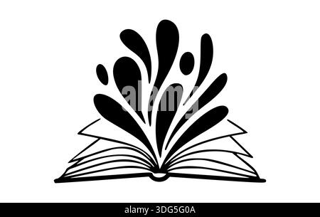 Eine minimalistische schwarz-weiße Strichgrafik eines offenen Buches mit dynamischen abstrakten Flüssigkeitsspritzern oder Blättern der Fantasie. Stock Vektor