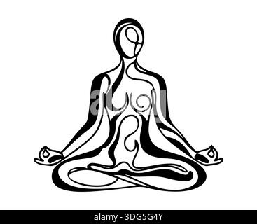 Eine minimalistische und künstlerische Linienzeichnung einer Frau, die in meditativer Lotusposition sitzt. Stock Vektor