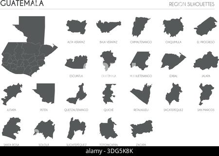 Guatemala Region Silhouetten gesetzt und leere Karte des Landes isoliert auf weißem Hintergrund. Vektorgrafik Stock Vektor