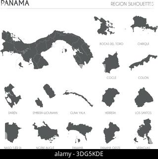 Panama-Region Silhouetten gesetzt und leere Karte des Landes isoliert auf weißem Hintergrund. Vektorgrafik Stock Vektor