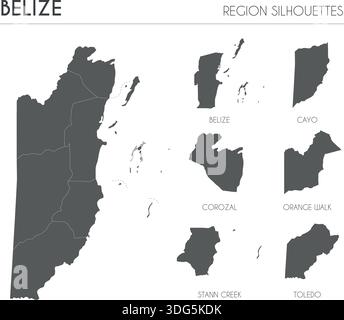 Silhouetten der Region Belize und leere Karte des Landes isoliert auf weißem Hintergrund. Vektorgrafik Stock Vektor